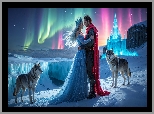 Zorza polarna, Kobieta, Korona, Wilki, Fantasy, Mężczyzna, Zima